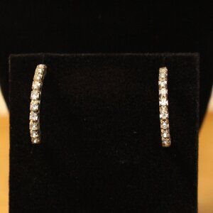 Silver Toned Hoop Earrings Clear Zirconia Stones Lightweight Approx 1" L